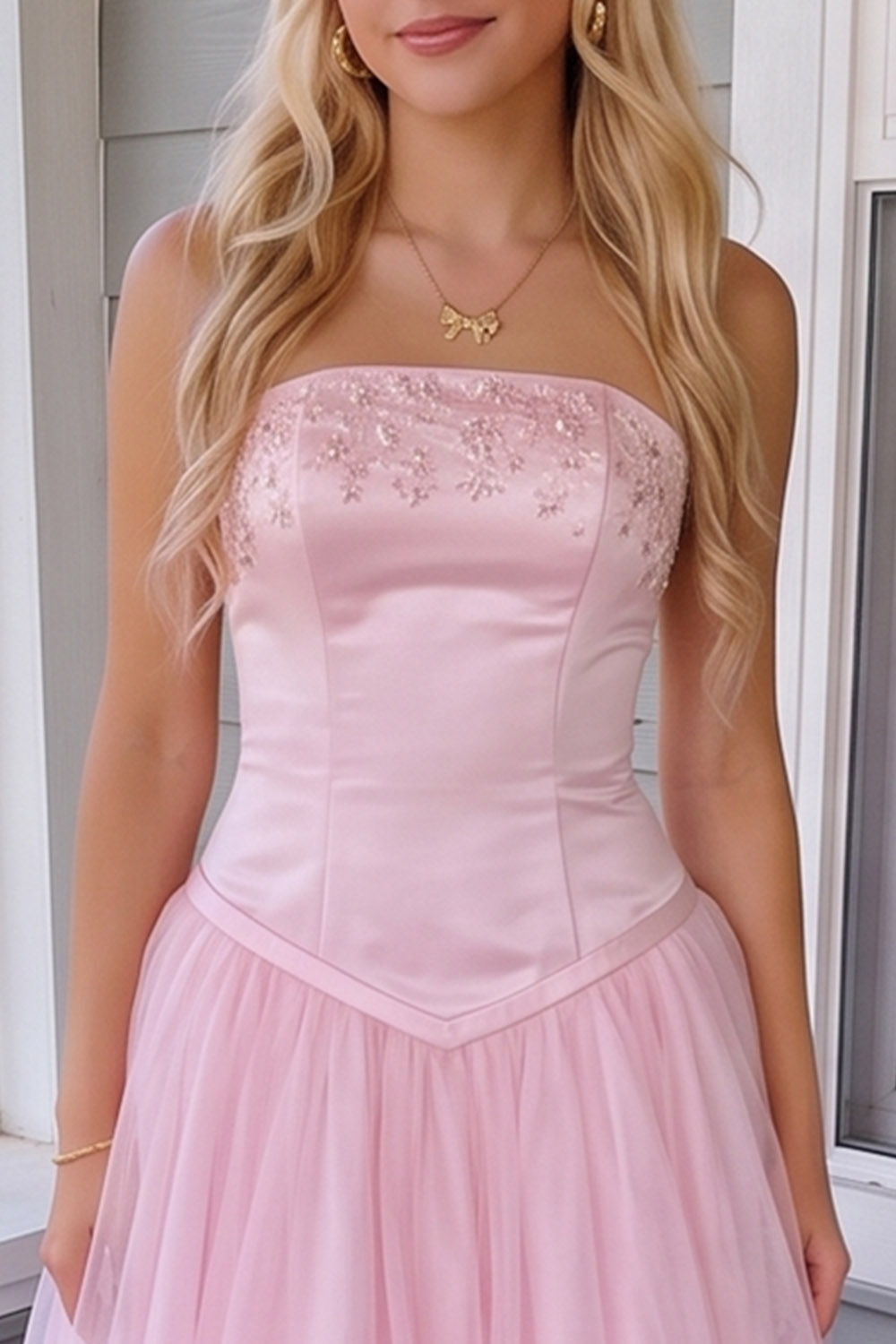 Pink Floral A Line Strapless Lace up Back Long Prom Dress