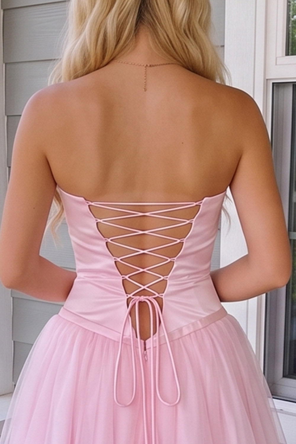 Pink Floral A Line Strapless Lace up Back Long Prom Dress