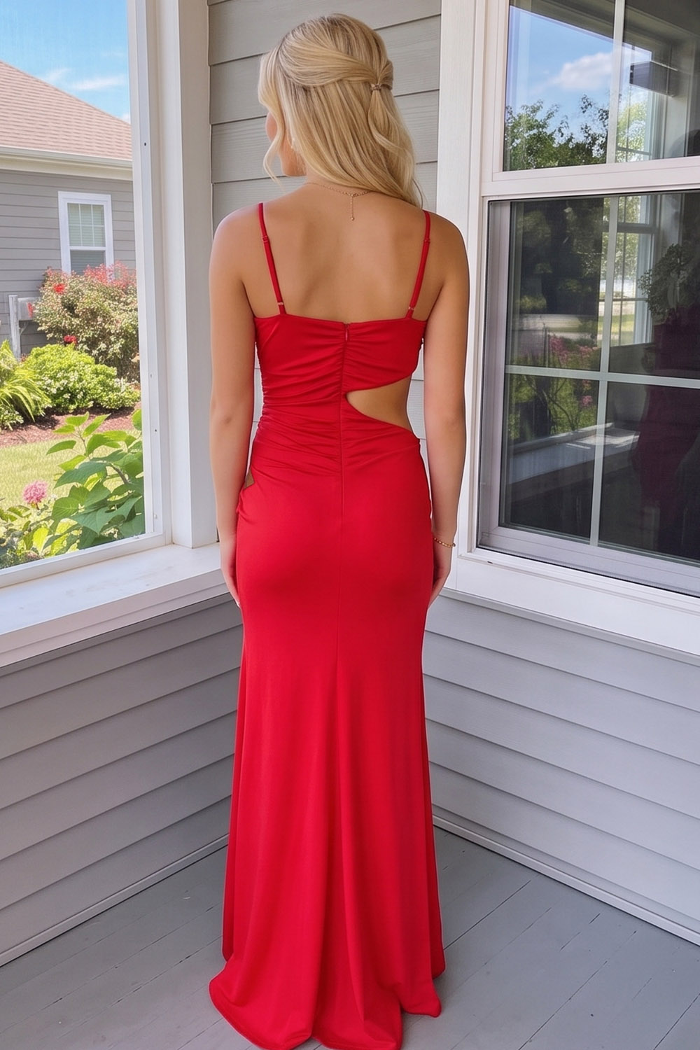 Red Cut Out Scoop Neck Ruched Long Prom Dress with Slit