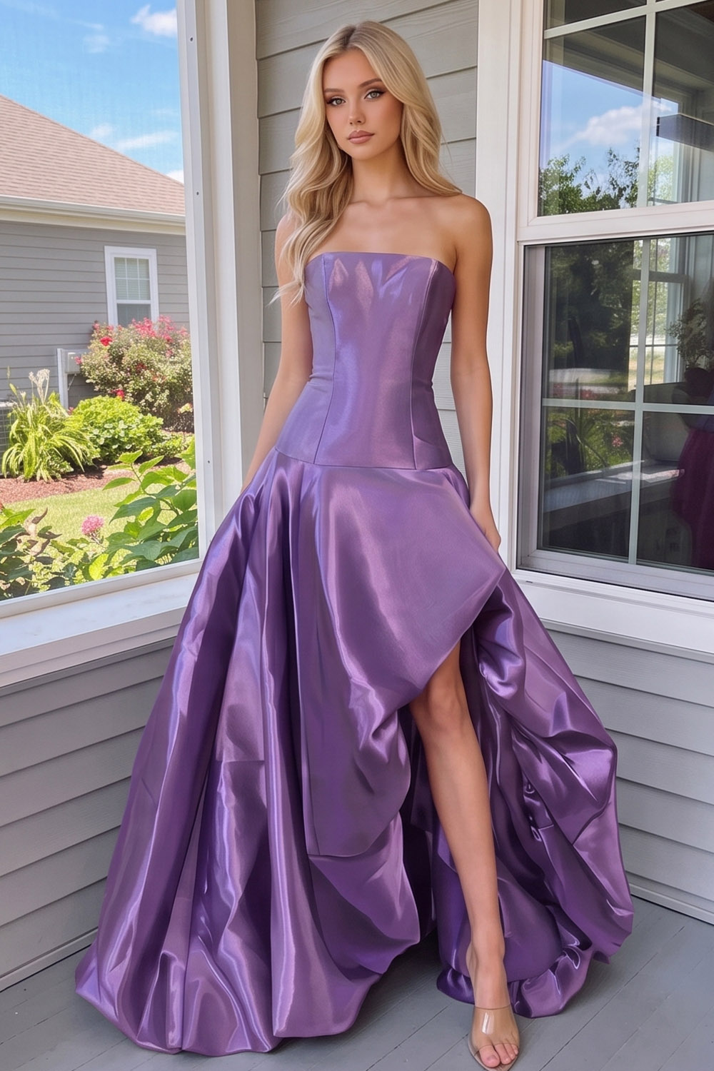 Purple Strapless A Line Long Prom Dress with Slit