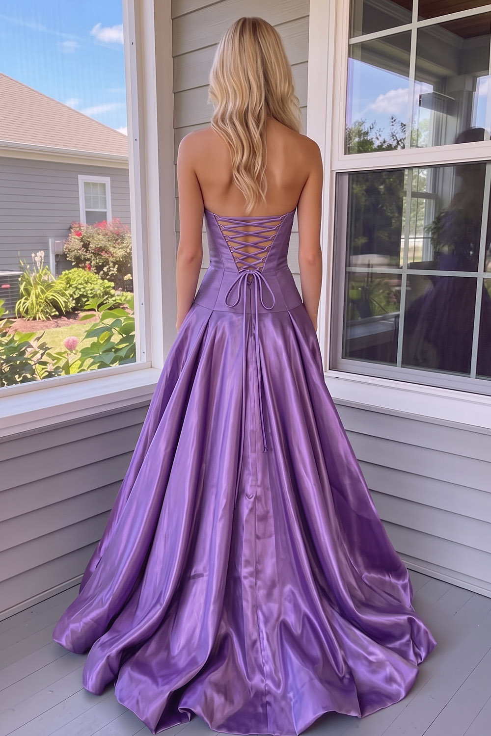 Purple Strapless A Line Long Prom Dress with Slit