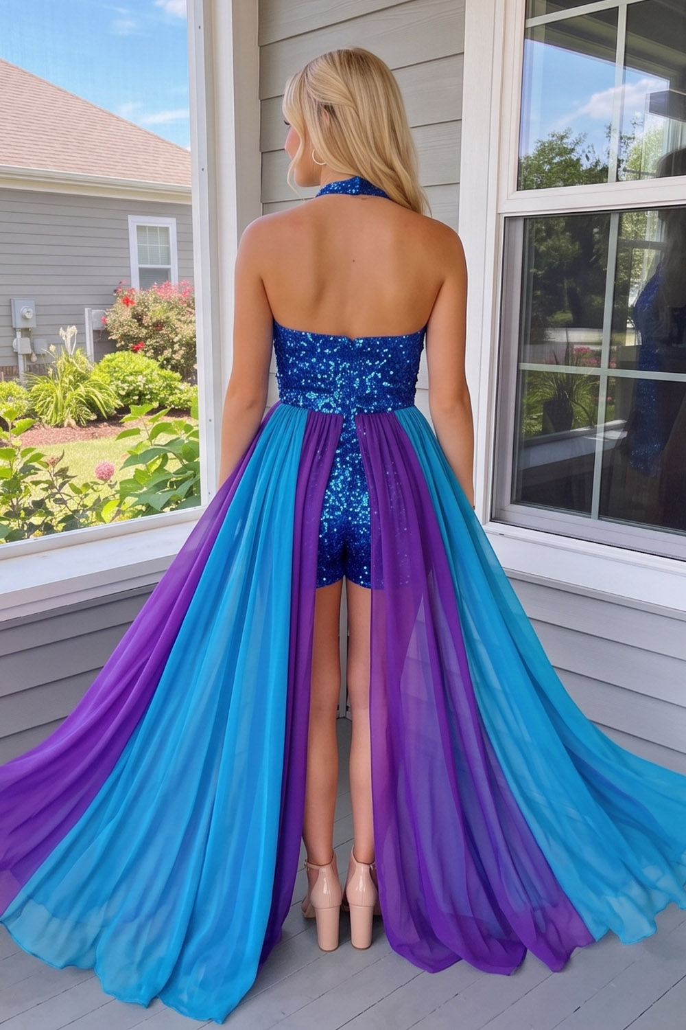 Royal Blue Sparkly Sequin Halter Short Jumpsuits