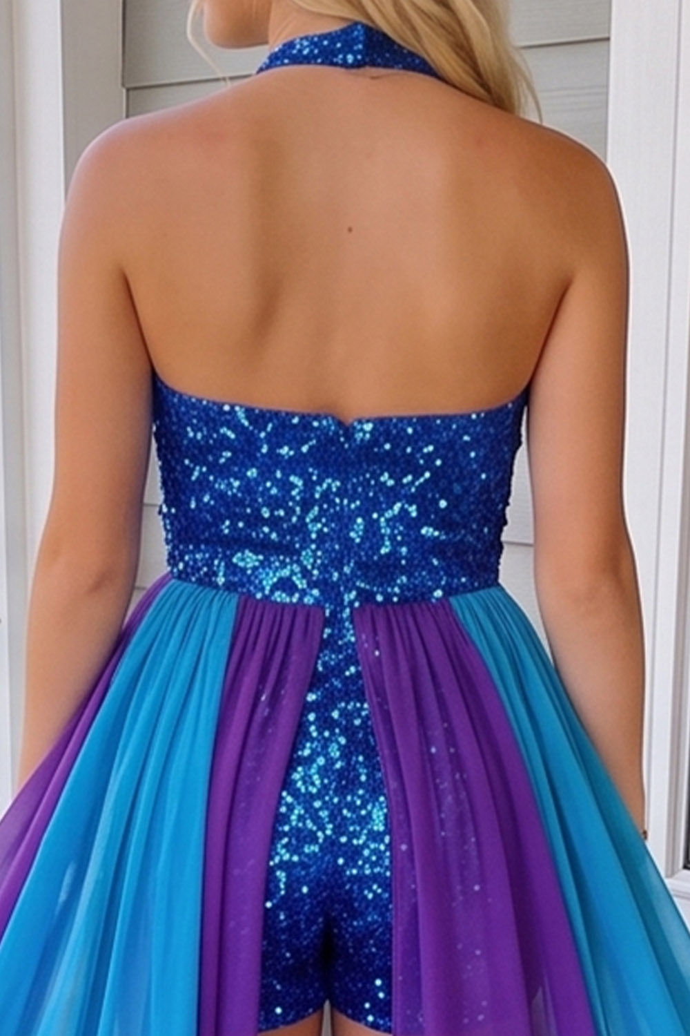 Royal Blue Sparkly Sequin Halter Short Jumpsuits