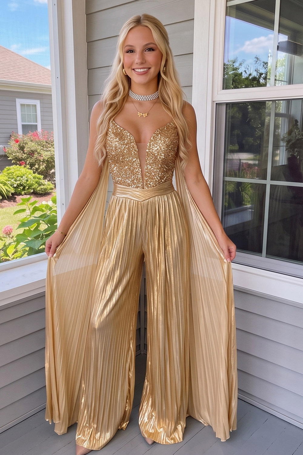 Gold Sparkly Sequin V-Neck Pleated Long Prom Jumpsuits