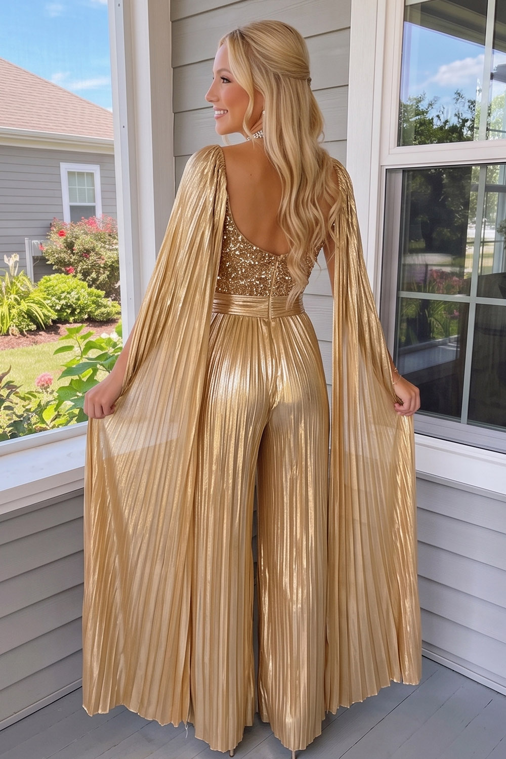 Gold Sparkly Sequin V-Neck Pleated Long Prom Jumpsuits