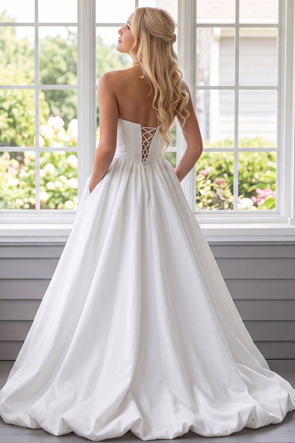 White Corset Strapless Long Prom Dress with Pockets