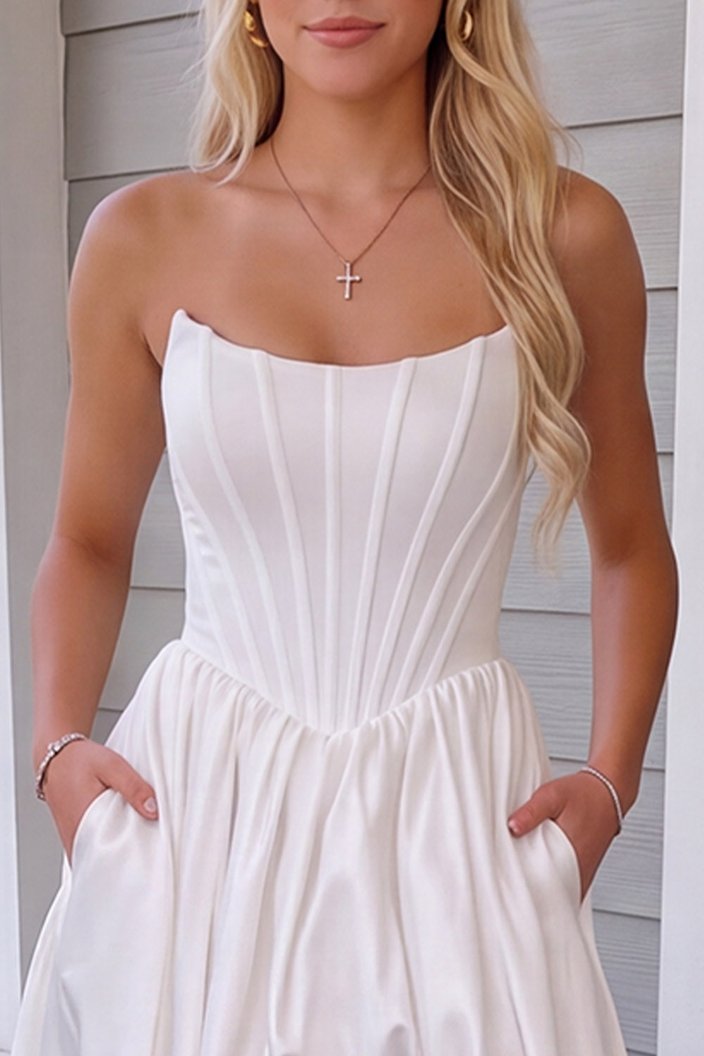 White Corset Strapless Long Prom Dress with Pockets