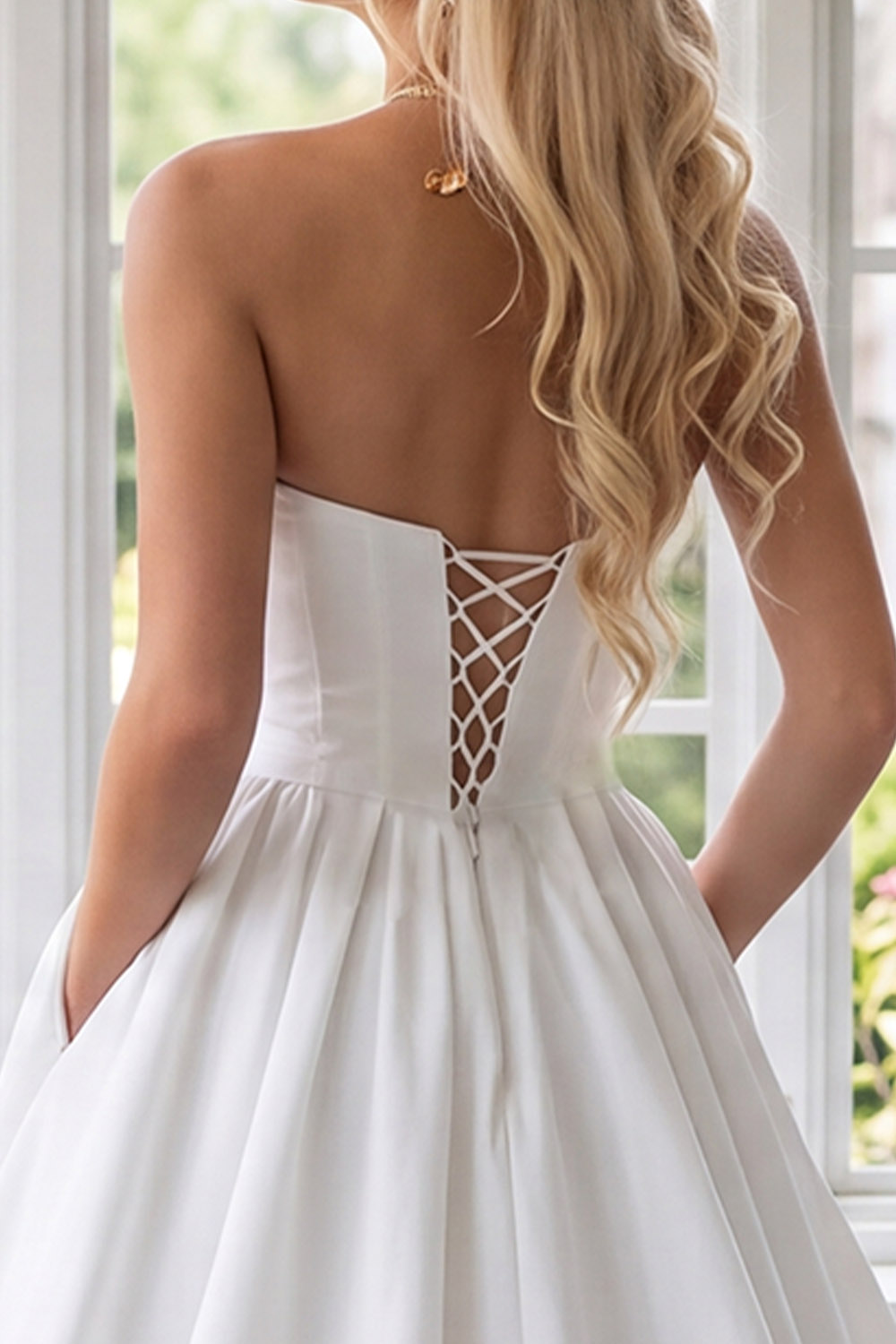 White Corset Strapless Long Prom Dress with Pockets