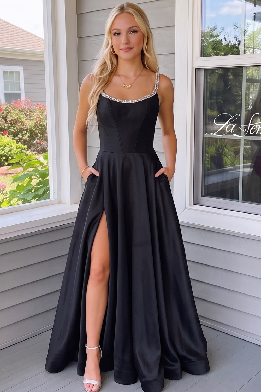 Black Corset A-Line Scoop Neck Long Prom Dress with Pockets
