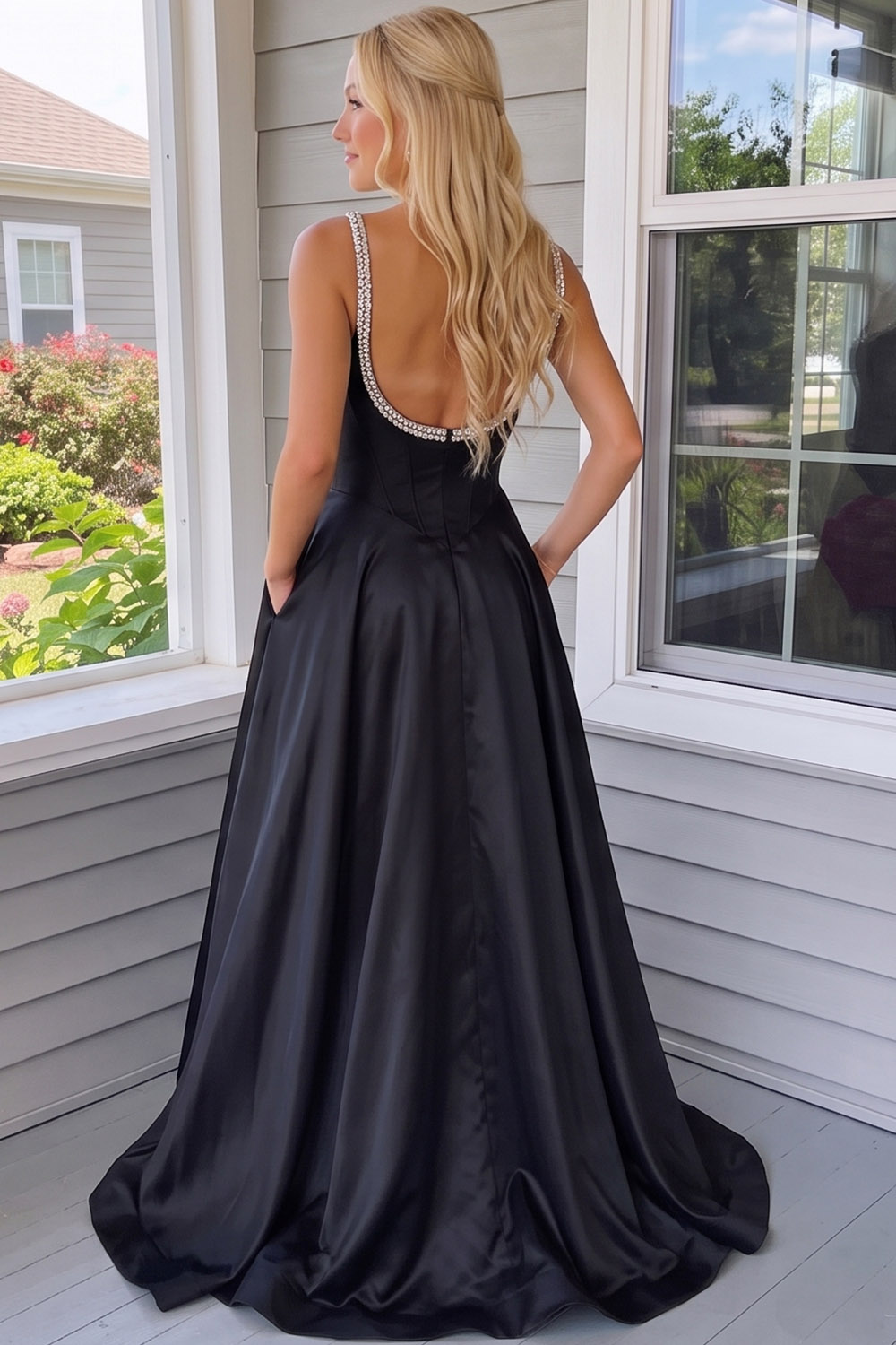Black Corset A-Line Scoop Neck Long Prom Dress with Pockets