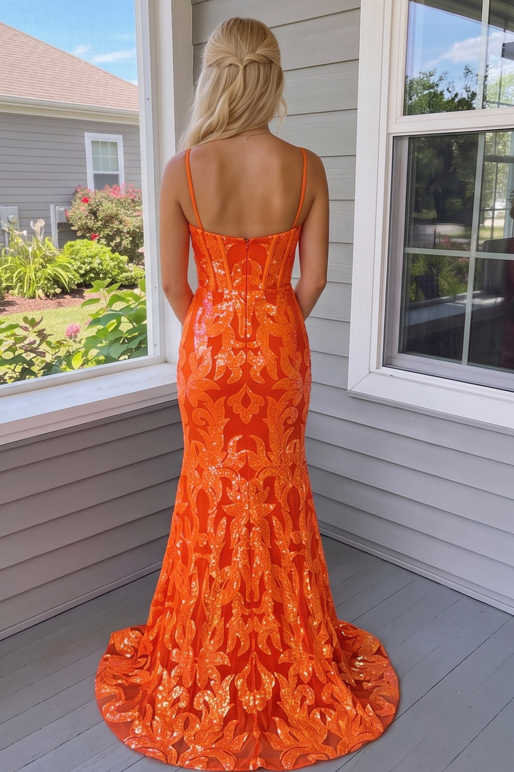 Sparkly Sequin Orange Corset Sequins Long Prom Dress with Slit