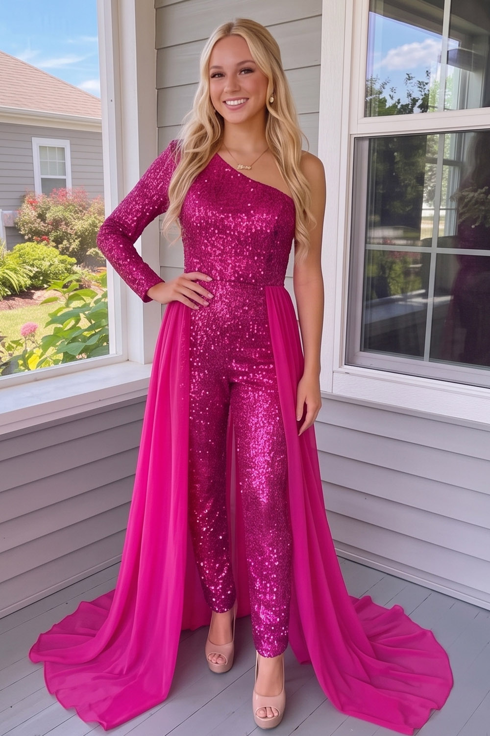 Fuchsia Sparkly Sequins One Shoulder Long Prom Jumpsuits
