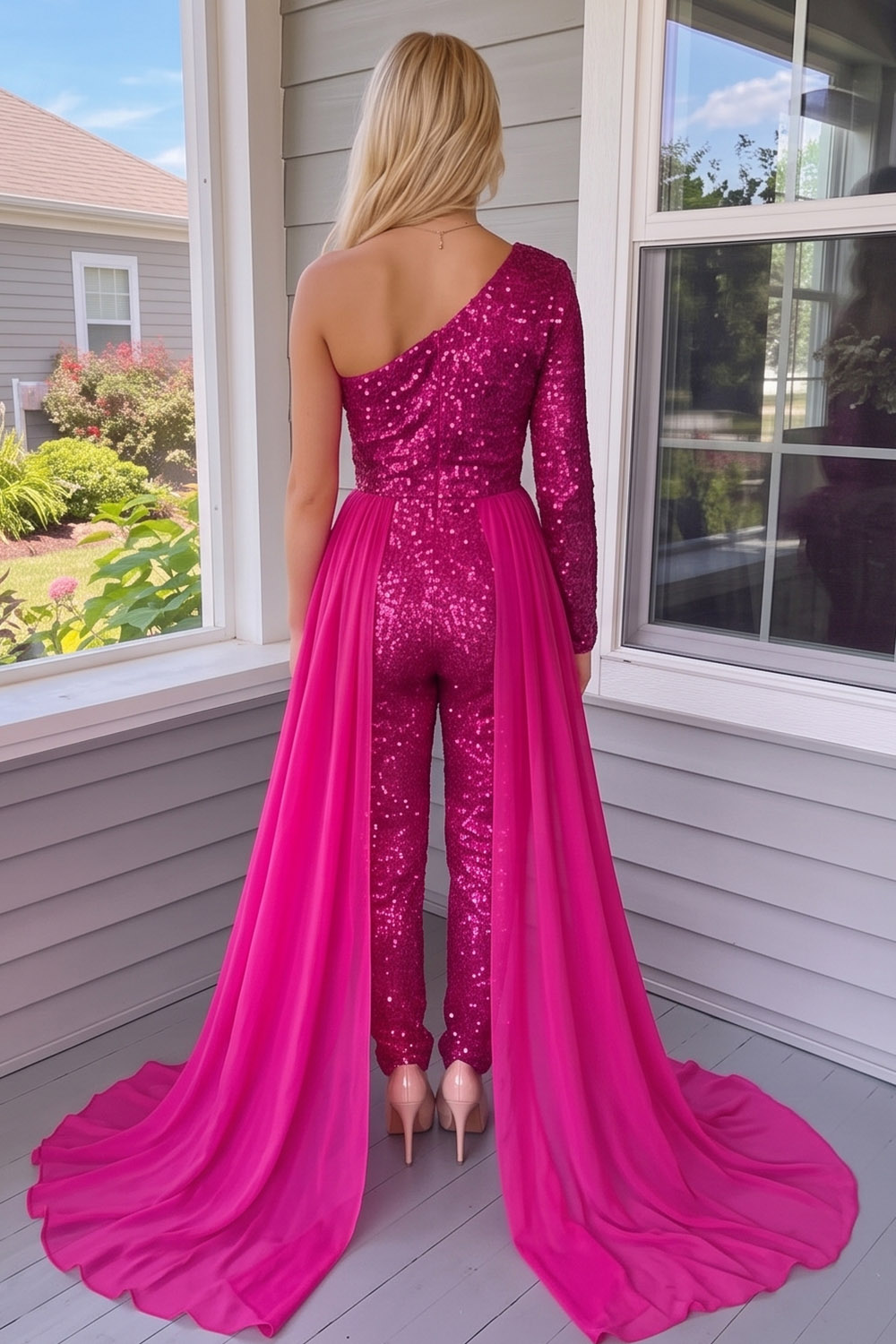 Fuchsia Sparkly Sequins One Shoulder Long Prom Jumpsuits