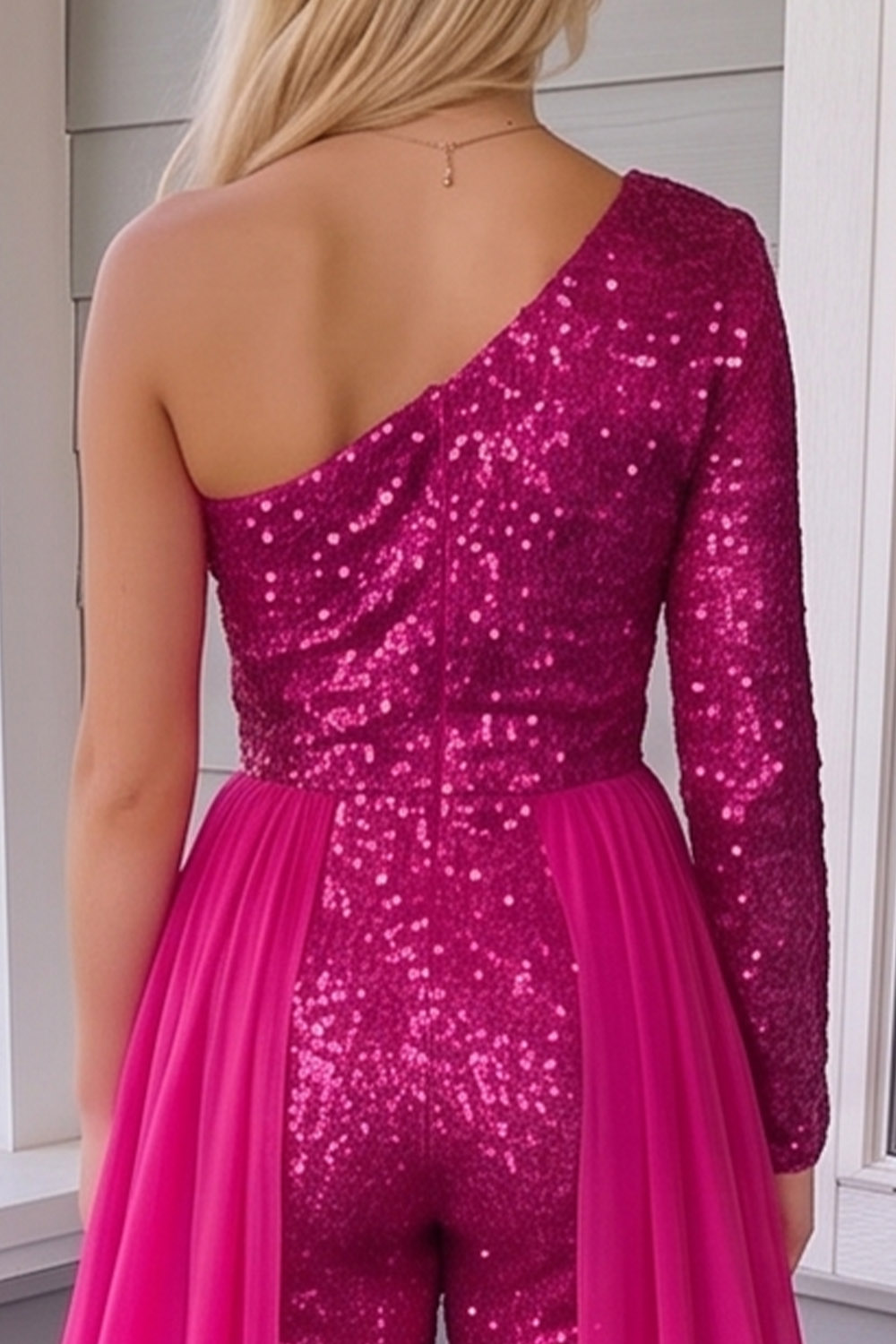 Fuchsia Sparkly Sequins One Shoulder Long Prom Jumpsuits