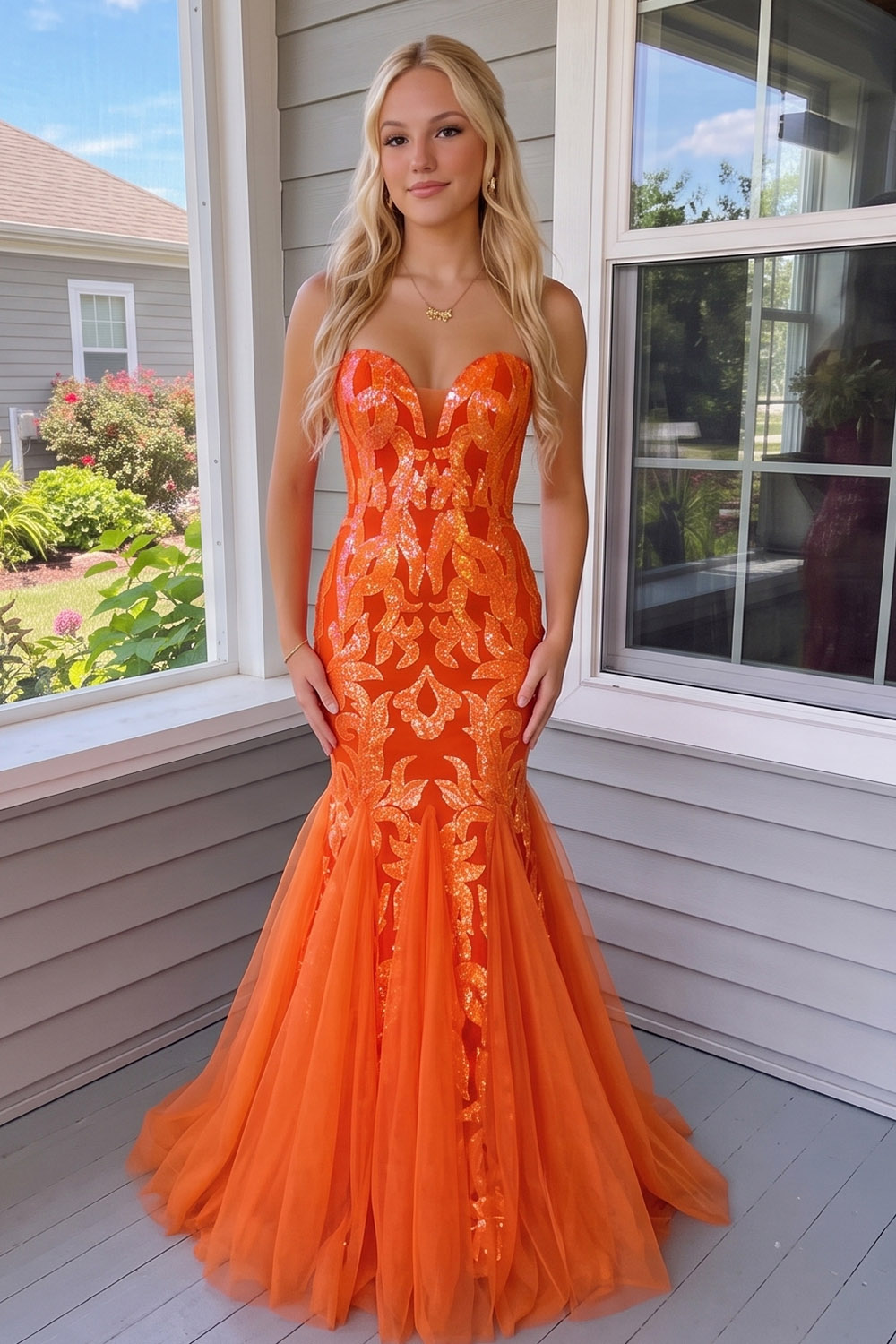 Orange Sparkly Mermaid Sweetheart Sequins Long Prom Dress
