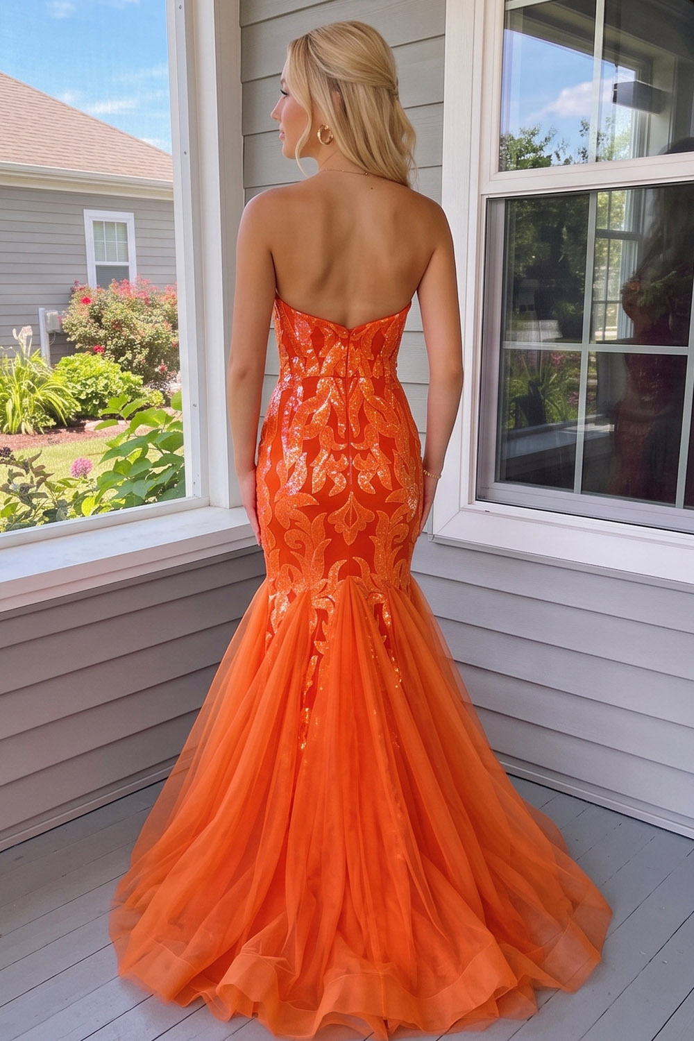 Orange Sparkly Mermaid Sweetheart Sequins Long Prom Dress
