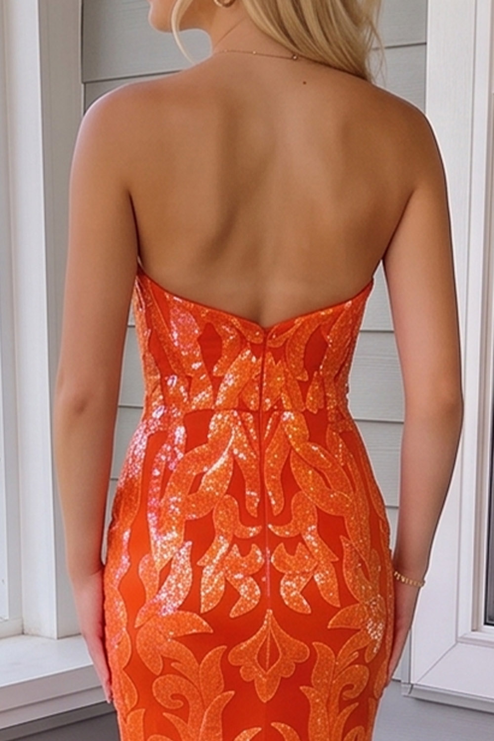 Orange Sparkly Mermaid Sweetheart Sequins Long Prom Dress