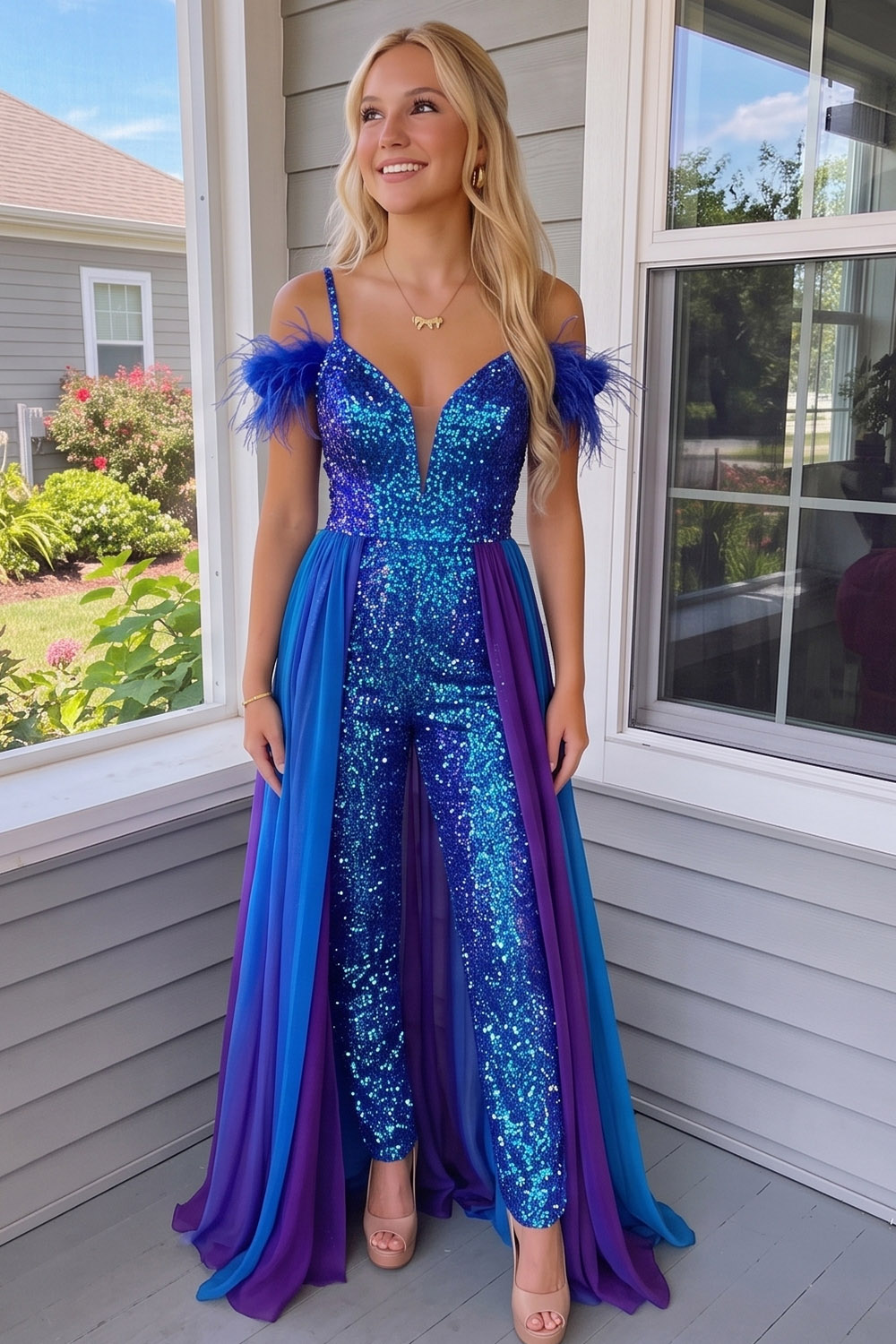 Royal Blue Sparkly Cold Shoulder Long Prom Jumpsuits with Cape