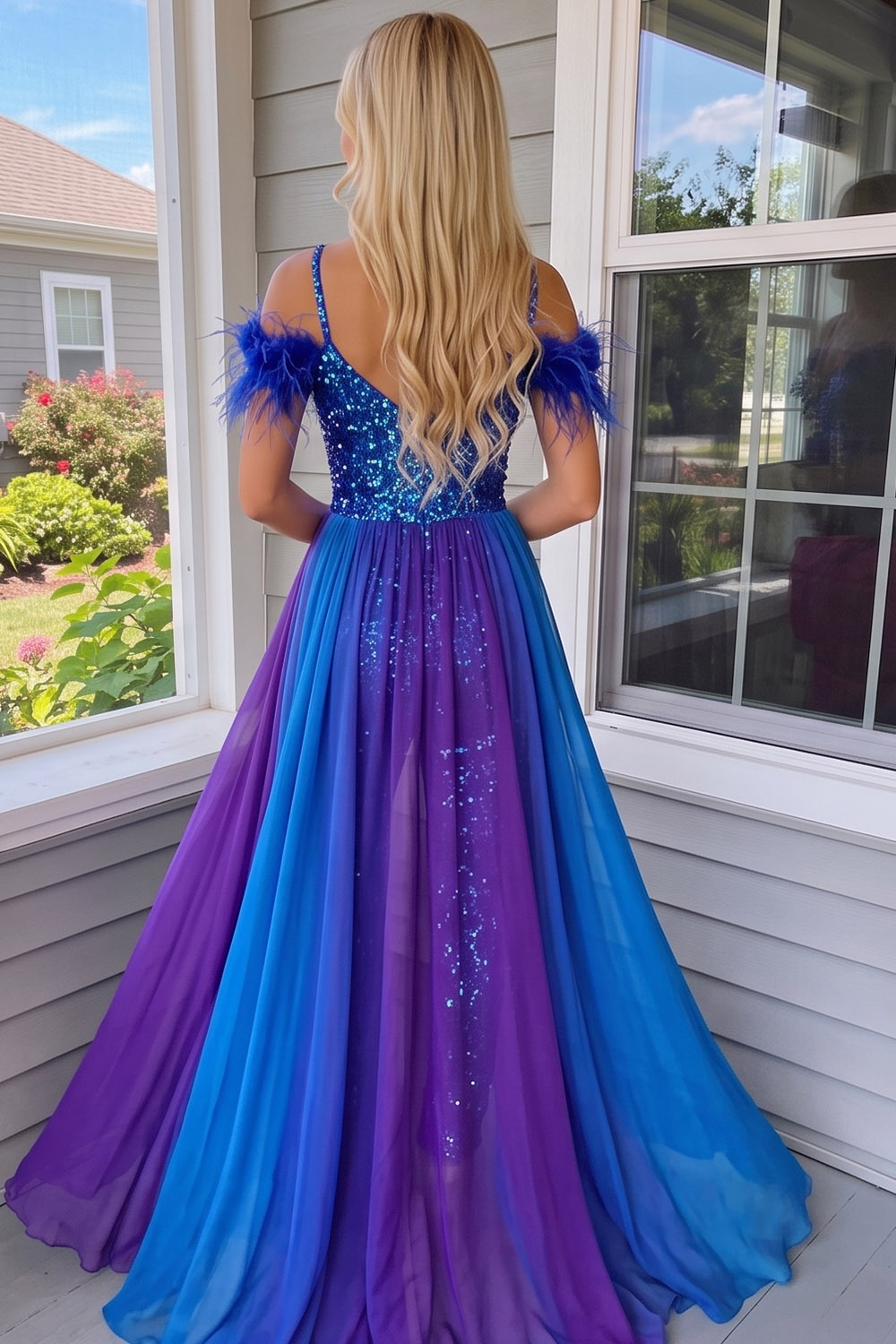 Royal Blue Sparkly Cold Shoulder Long Prom Jumpsuits with Cape