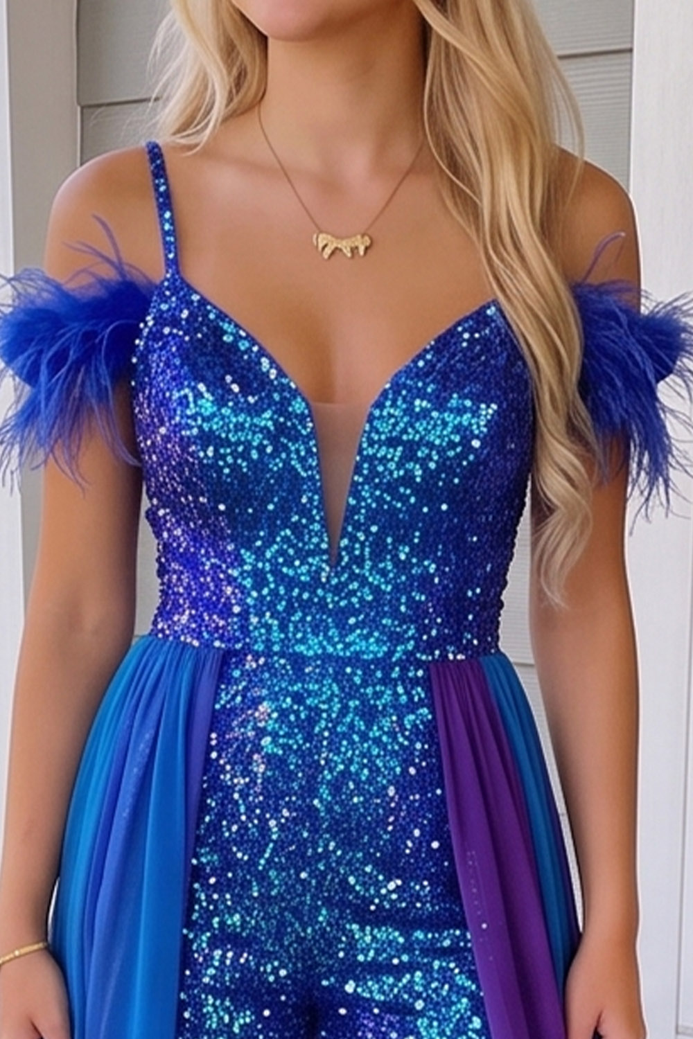 Royal Blue Sparkly Cold Shoulder Long Prom Jumpsuits with Cape
