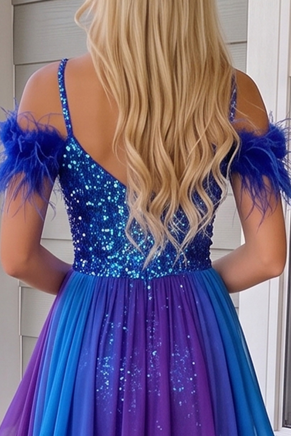 Royal Blue Sparkly Cold Shoulder Long Prom Jumpsuits with Cape