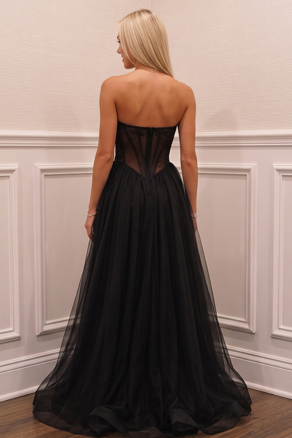 Black A-Line Strapless Corset Long Prom Dress with Slit