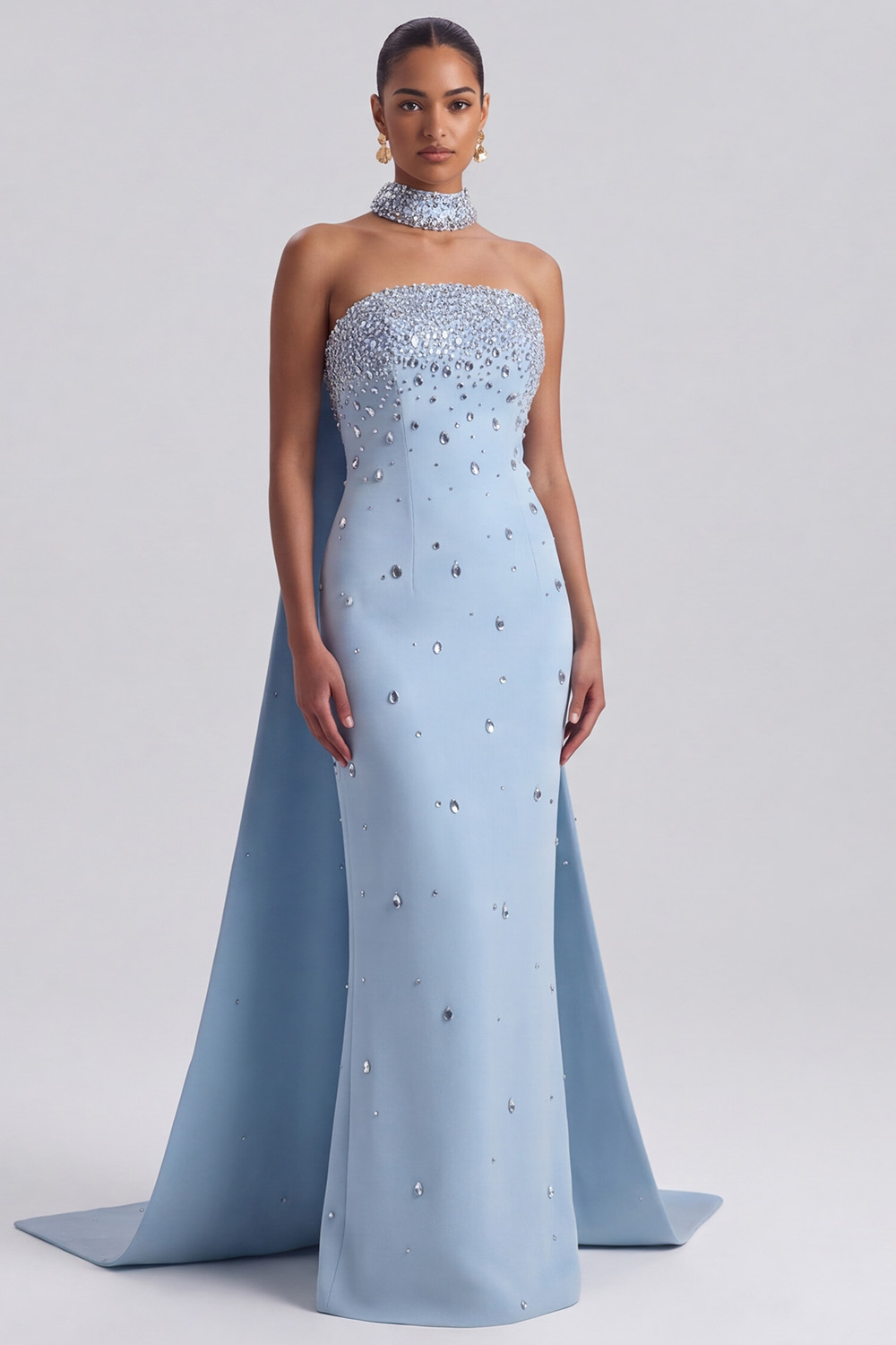 Light Blue Sparkly Sequin Strapless Long Formal Dress with Neck Scarf