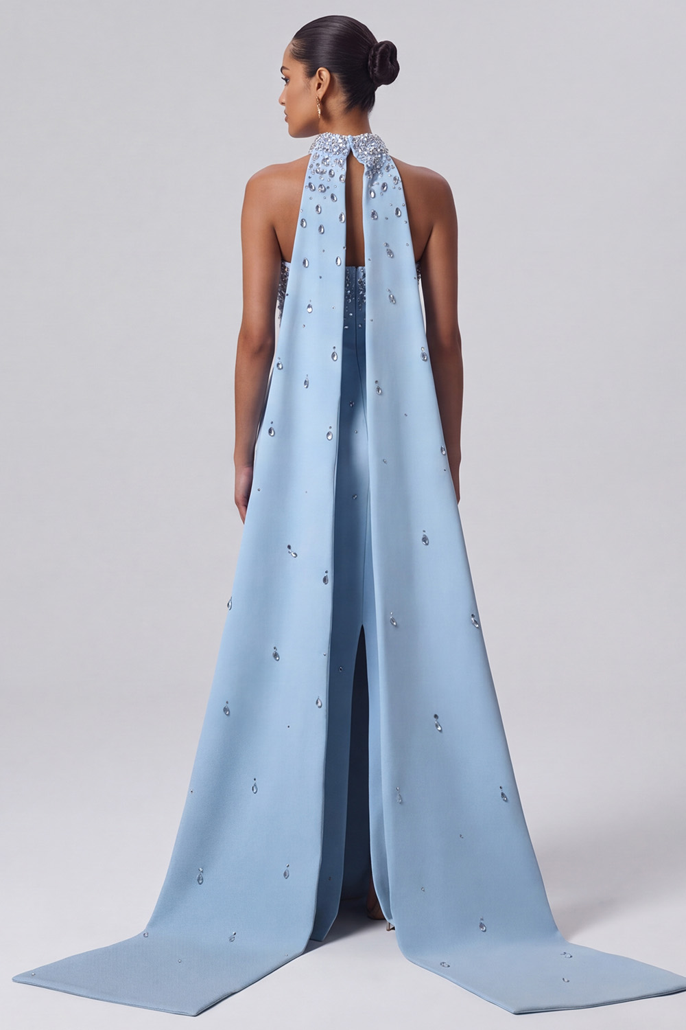Light Blue Sparkly Sequin Strapless Long Formal Dress with Neck Scarf