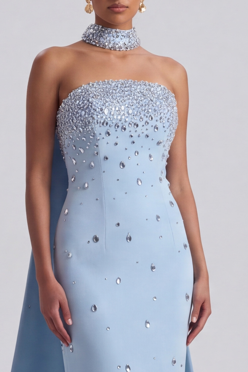 Light Blue Sparkly Sequin Strapless Long Formal Dress with Neck Scarf