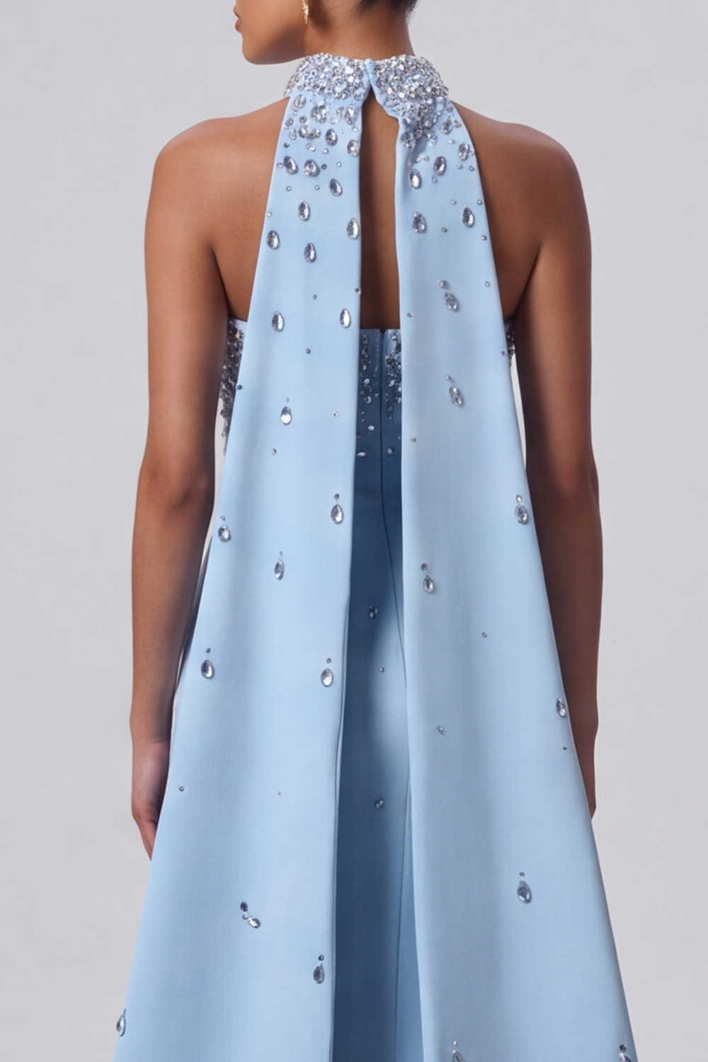 Light Blue Sparkly Sequin Strapless Long Formal Dress with Neck Scarf
