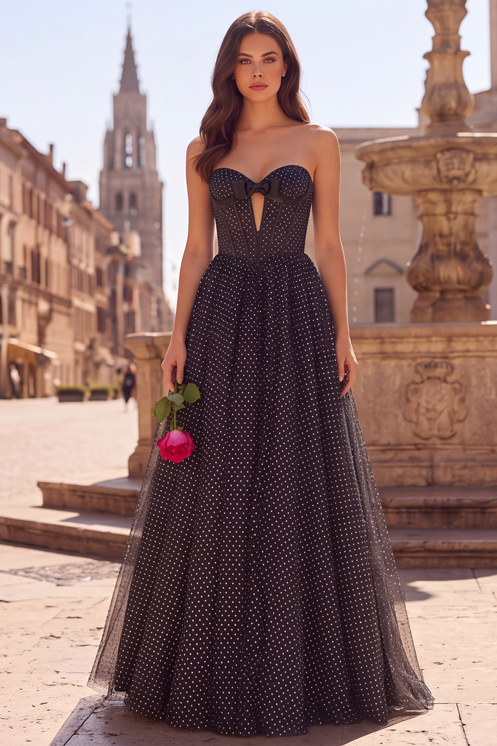 Black Corset Strapless A-Line Polka Dots Long Prom Dress with Bow
