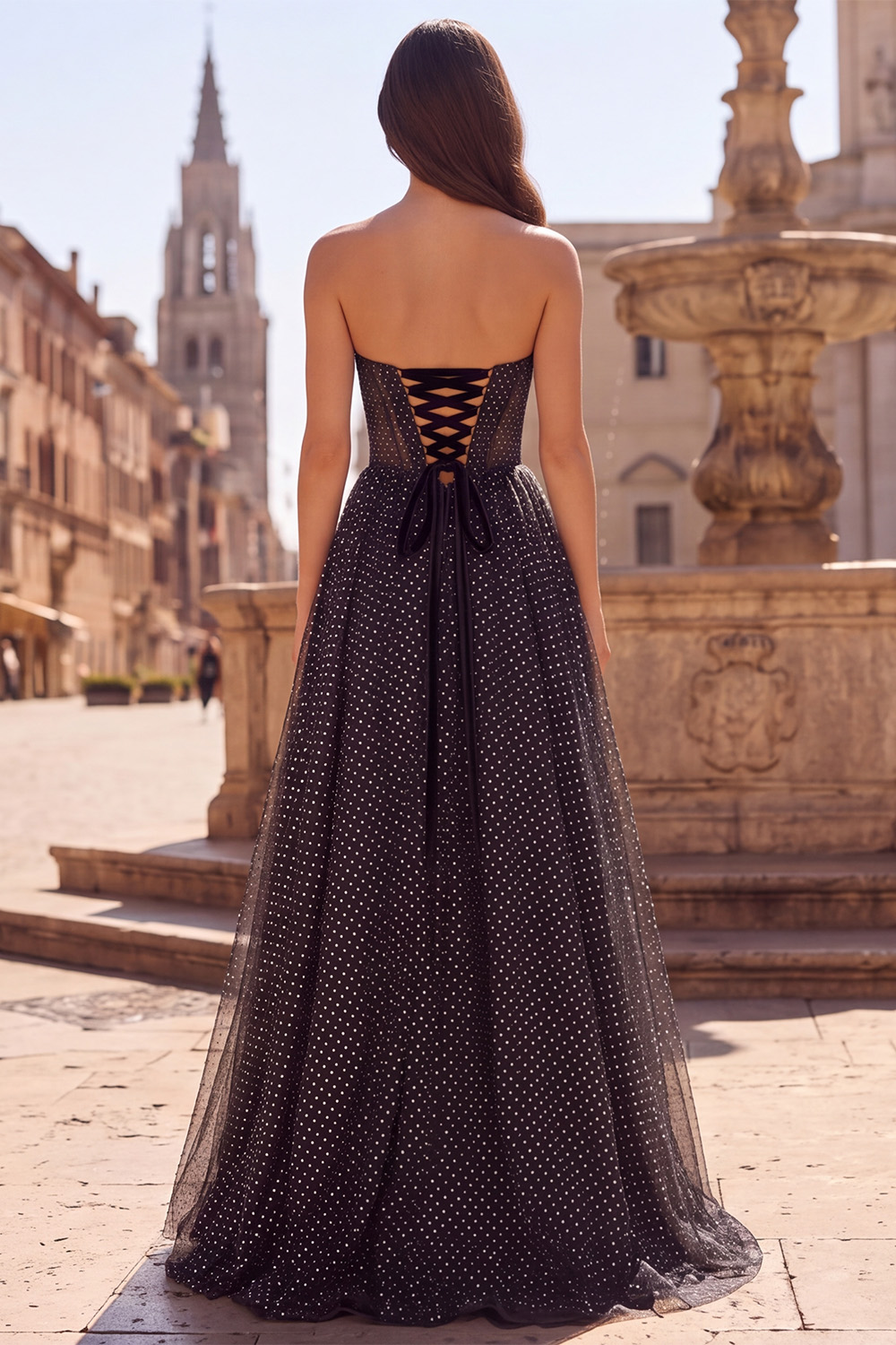 Black Corset Strapless A-Line Polka Dots Long Prom Dress with Bow