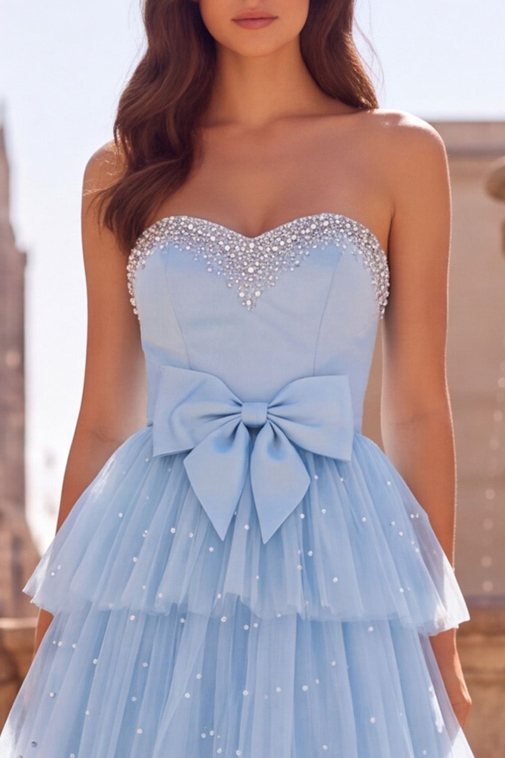 Light Blue A-Line Sweetheart Tiered Long Prom Dress with Bow