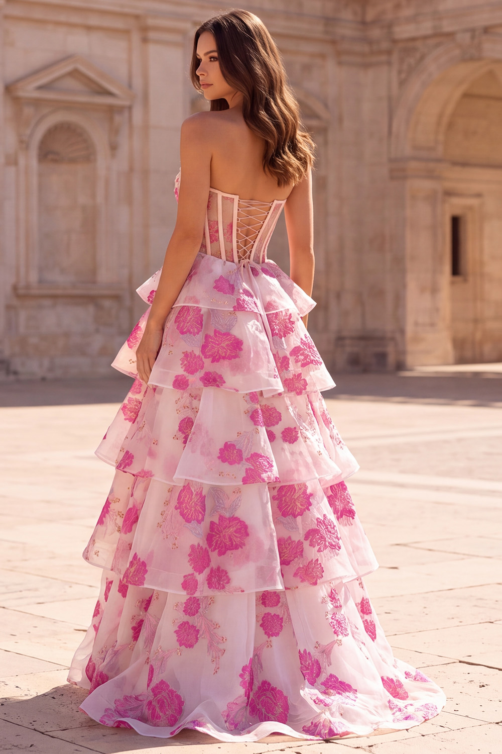 Fuchsia Corset Sweetheart Tiered Floral Long Prom Dress with Rhinestones
