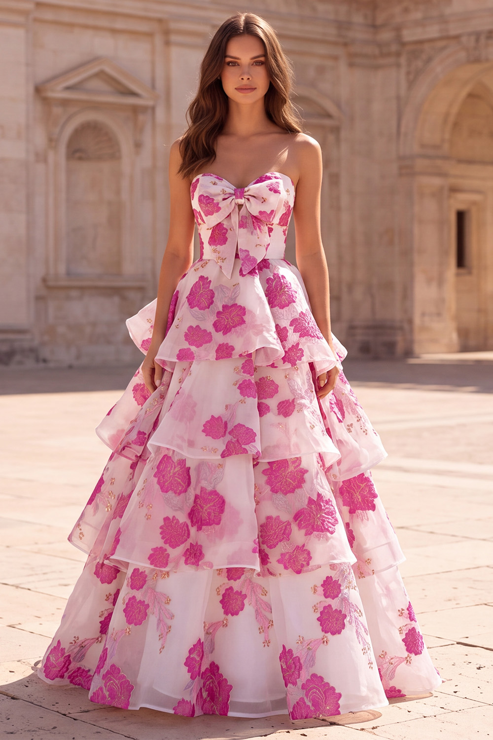Fuchsia A-Line Strapless Tiered Floral Long Prom Dress with Bow