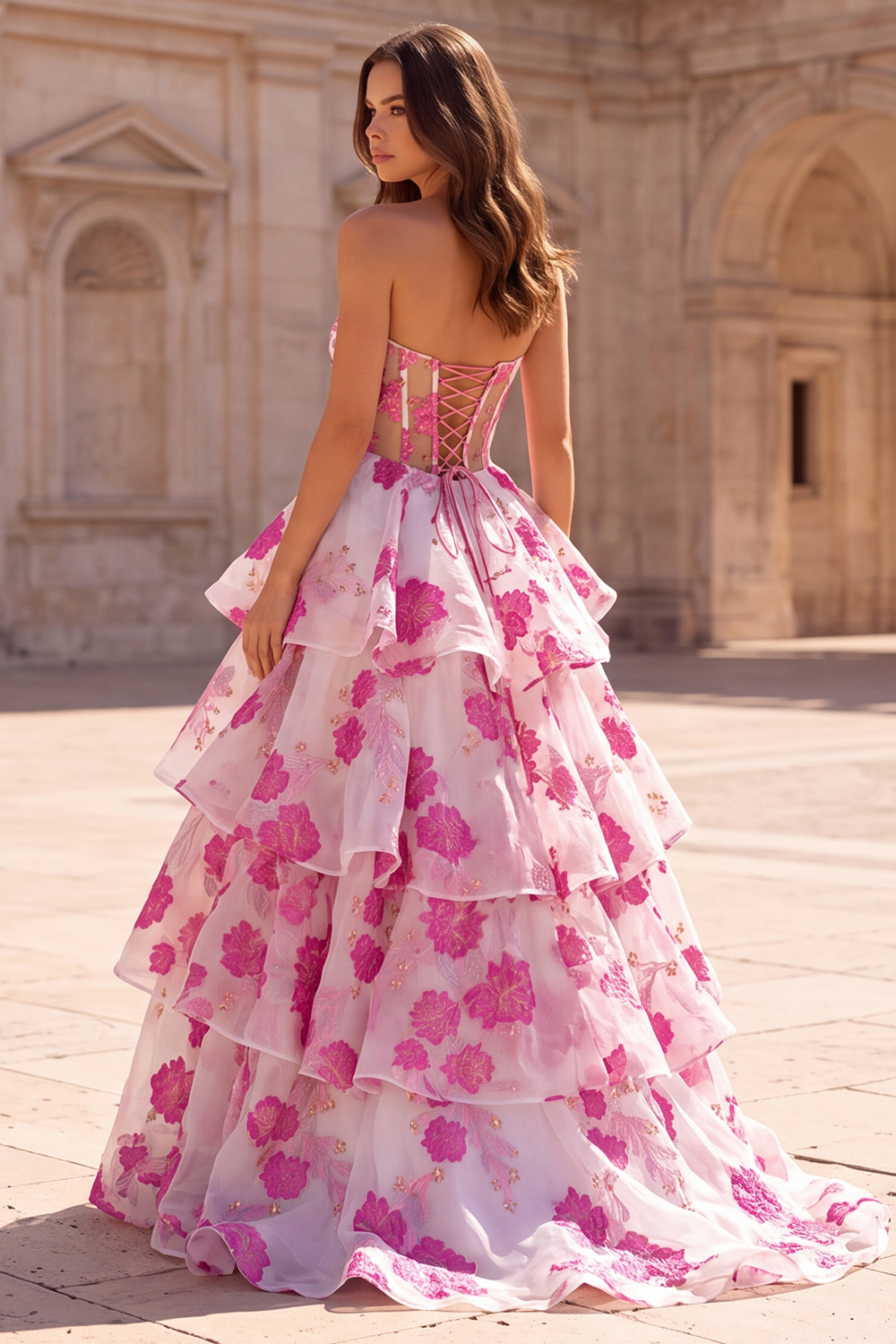 Fuchsia A-Line Strapless Tiered Floral Long Prom Dress with Bow
