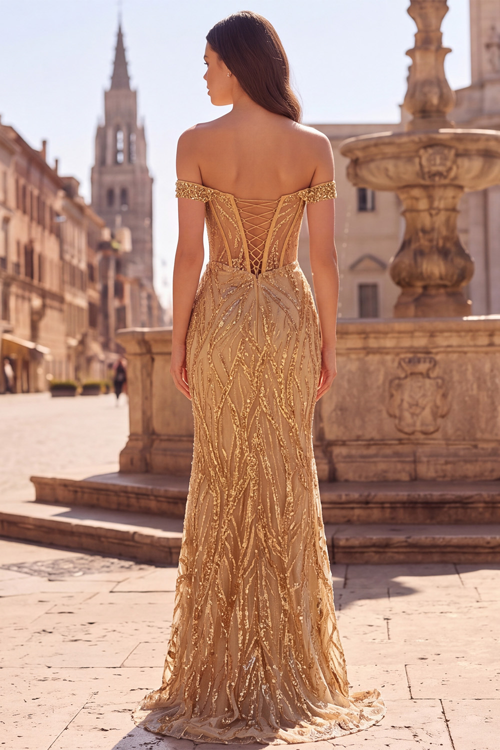 Gold Corset Off the Shoulder Sparkly Long Prom Dress with Slit