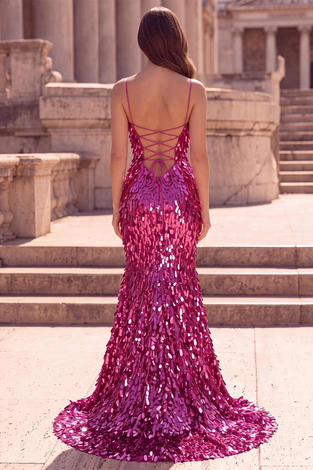 Fuchsia Sparkly Mermaid Spaghetti Straps Sequins Long Prom Dress with Slit