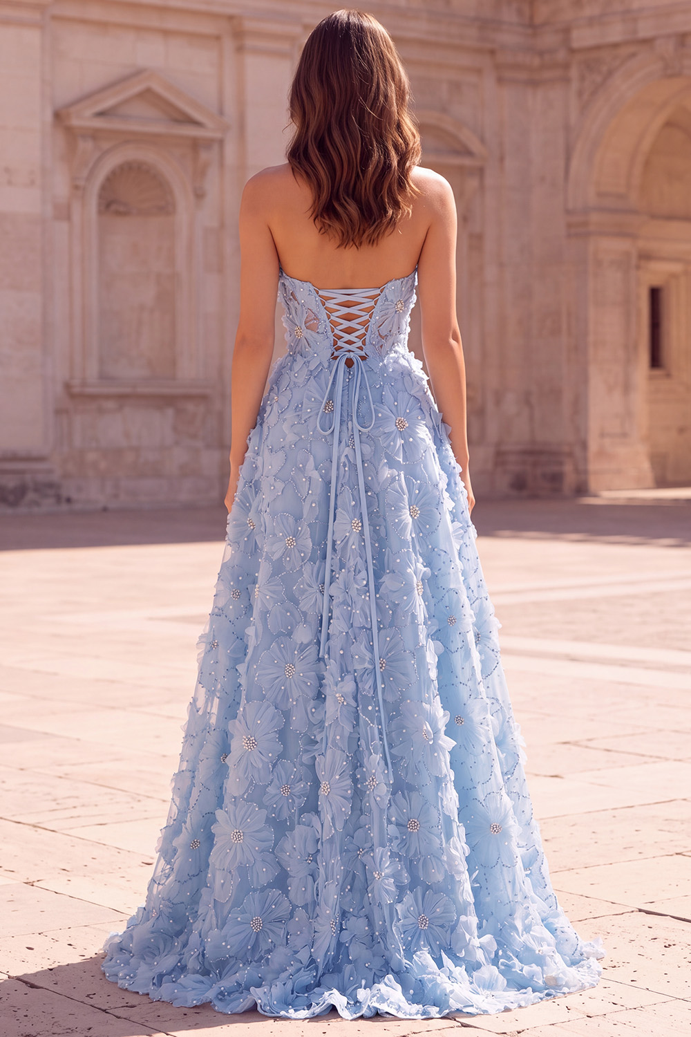 Light Blue A-Line Strapless Floral Long Prom Dress with Slit