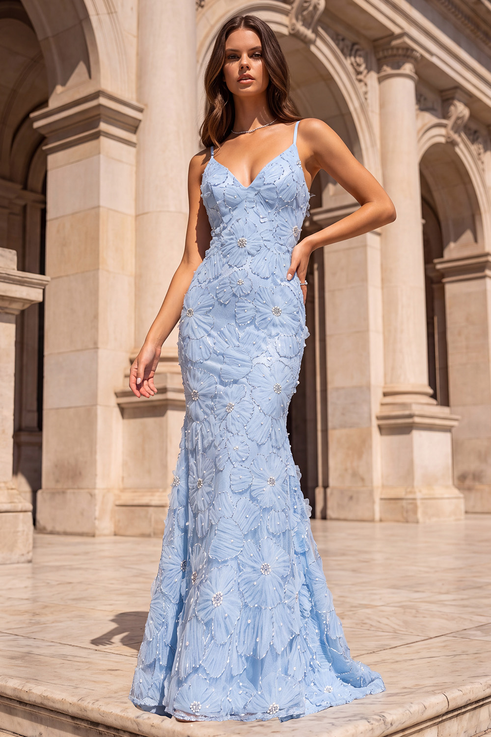 Light Blue Mermaid V-Neck Floral Long Prom Dress with Pearls