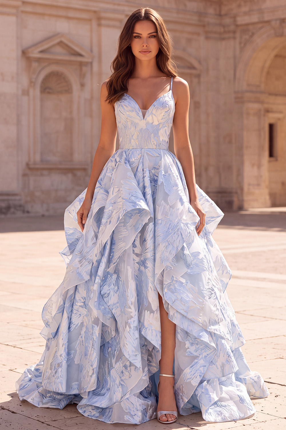 Light Blue A-Line V-Neck Tiered Long Prom Dress with Slit