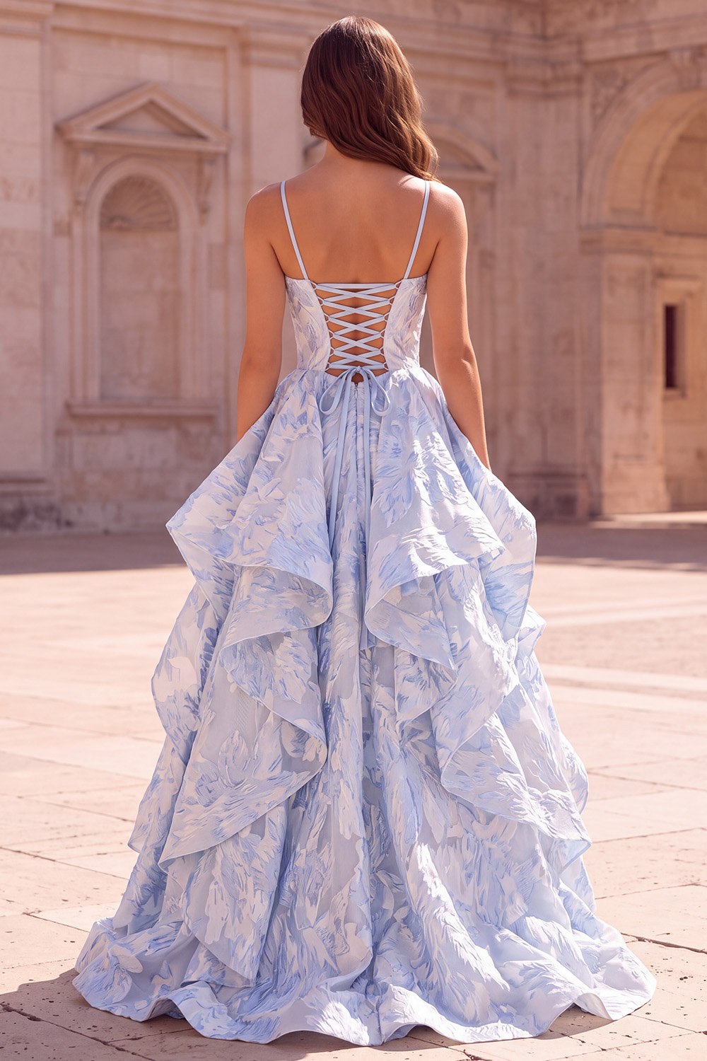 Light Blue A-Line V-Neck Tiered Long Prom Dress with Slit