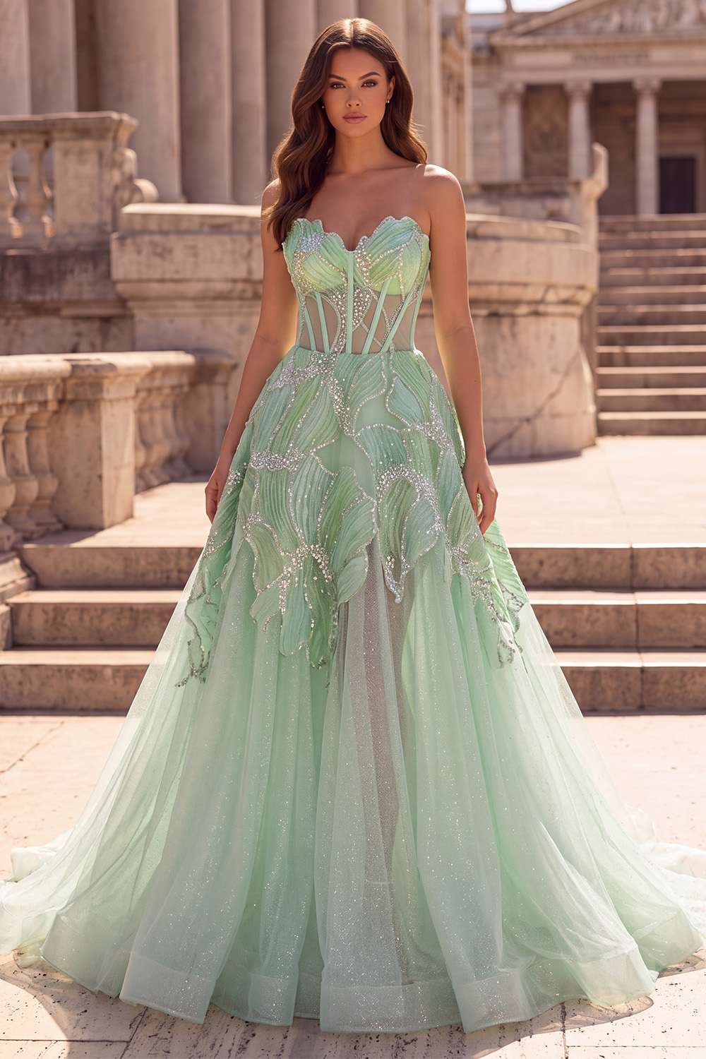 Mint Green Corset A-Line Strapless Long Prom Dress with Sequins