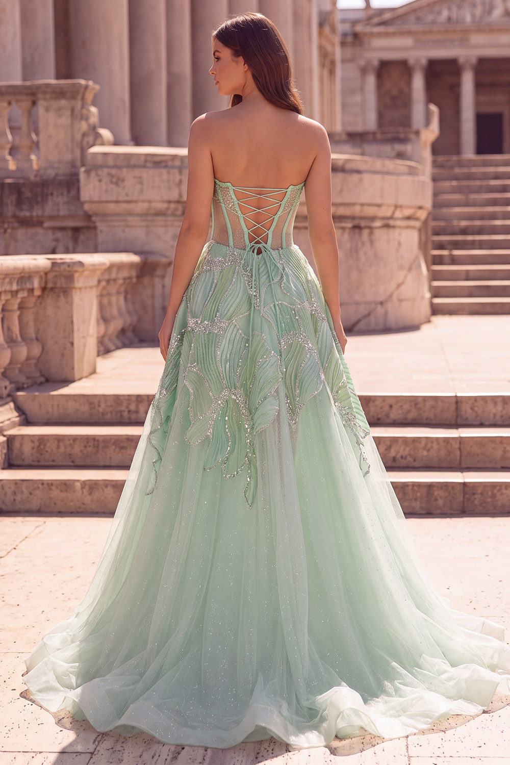 Mint Green Corset A-Line Strapless Long Prom Dress with Sequins