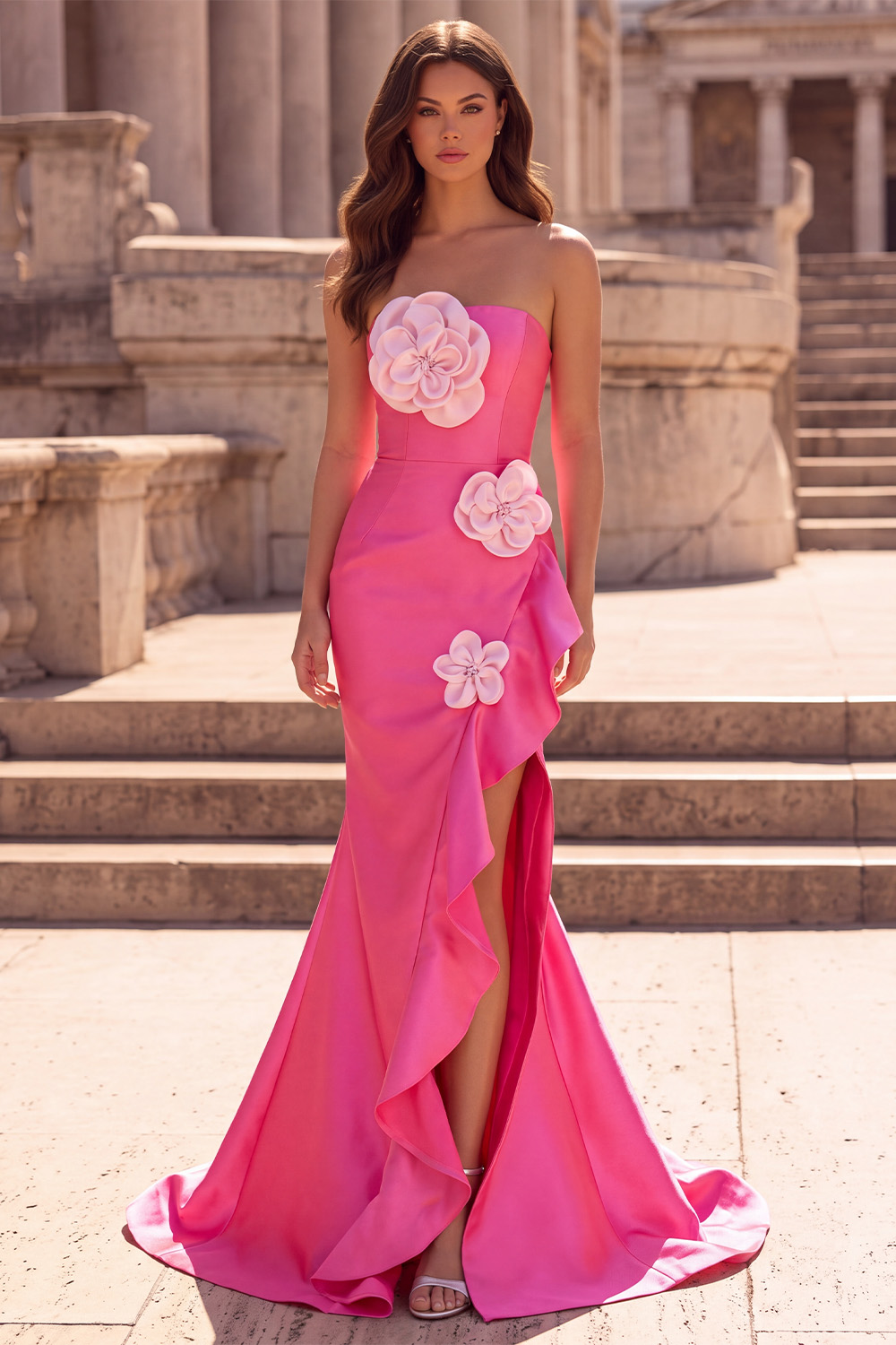 Fuchsia Mermaid Strapless Ruffled Long Prom Dress with 3D Flower