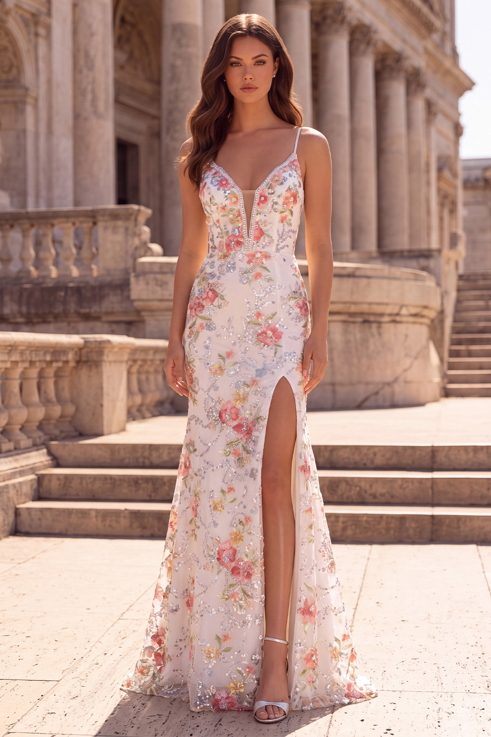 White Floral Sparkly V-Neck Long Prom Dress with Slit