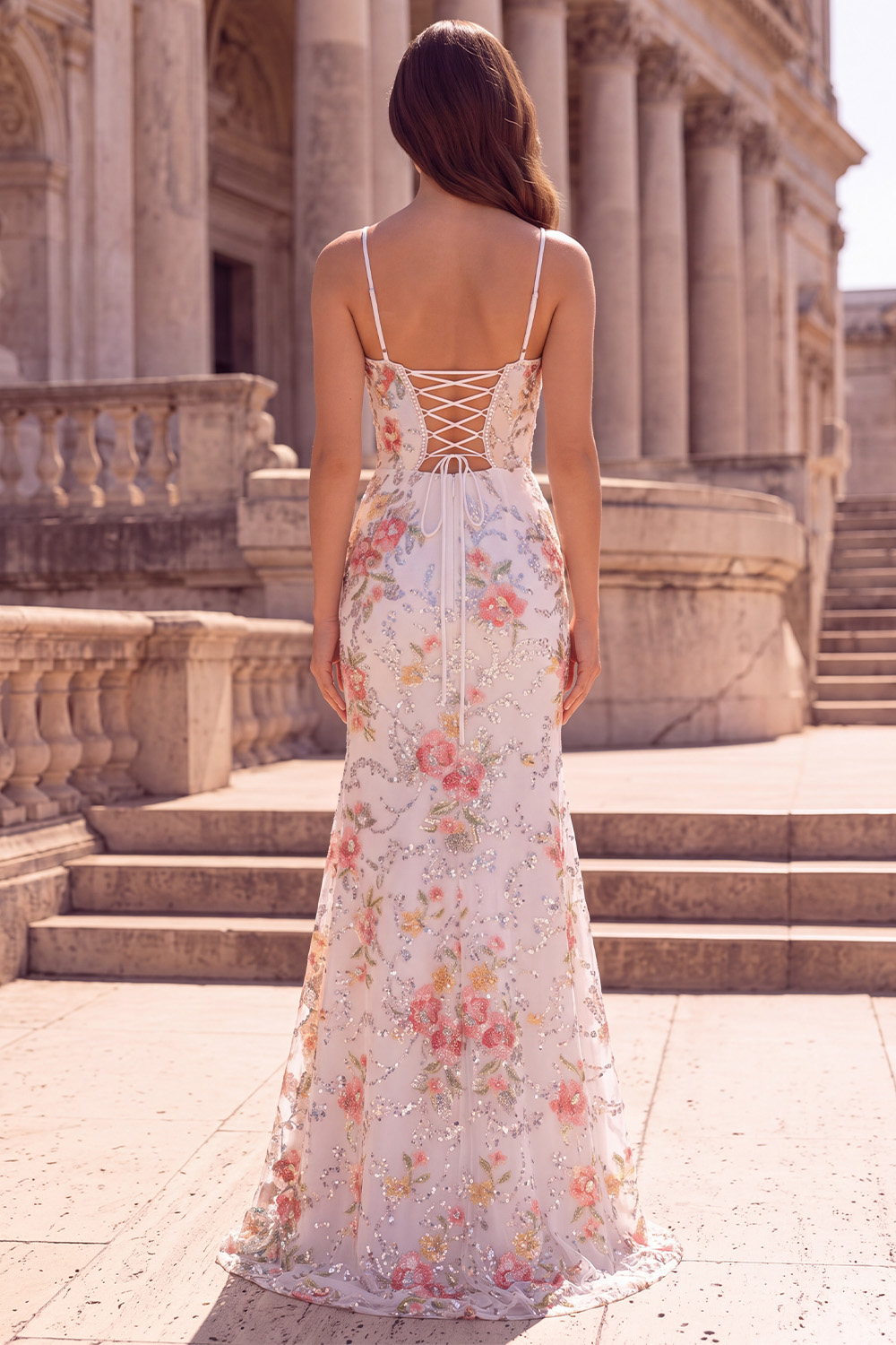 White Floral Sparkly V-Neck Long Prom Dress with Slit