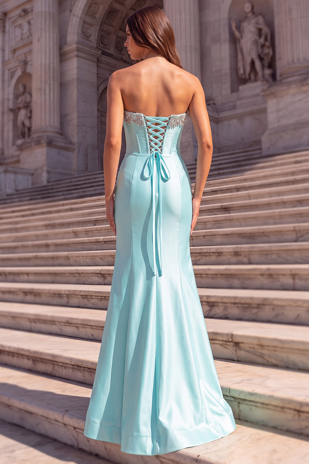 Mint Corset Strapless Long Prom Dress with Beading