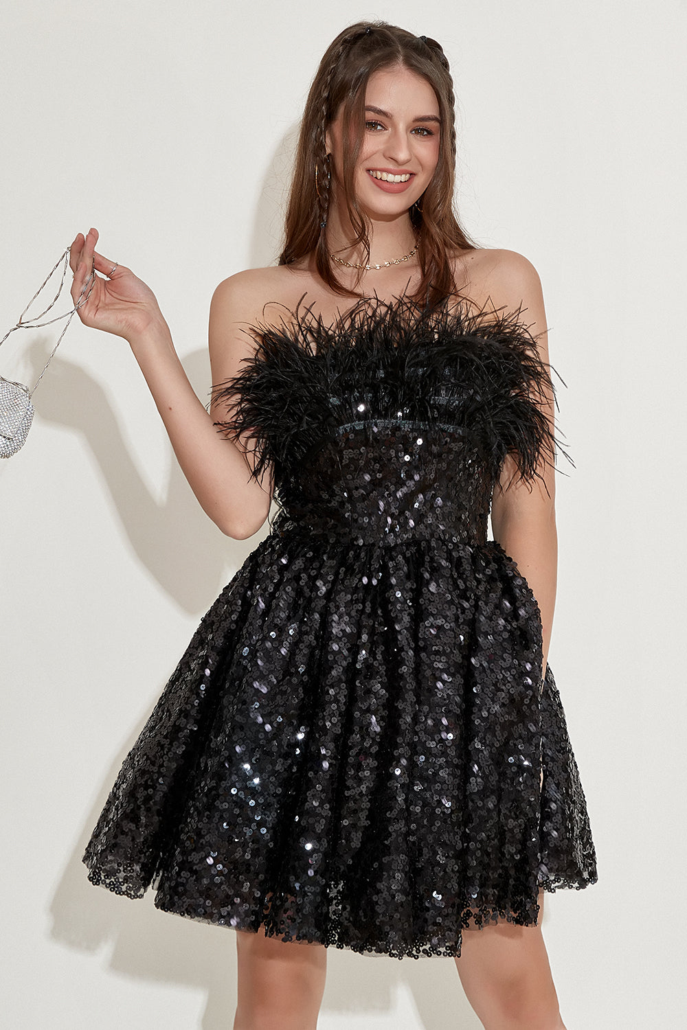 Black Strapless Cocktail Dress with Feathers