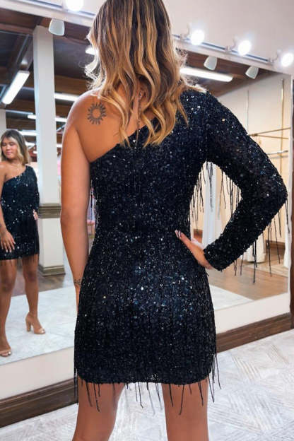Sparkly Bodycon One Shoulder Black Sequins Short Homecoming Dress with Tassel